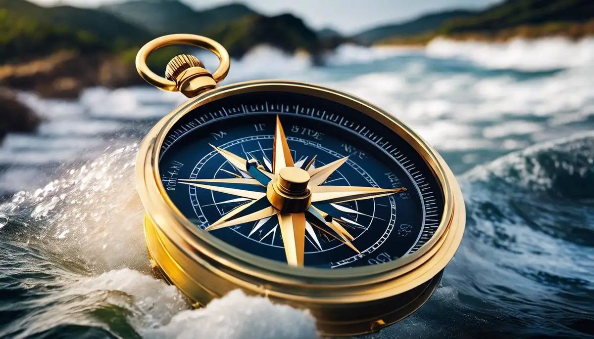 A compass guiding through choppy waters, representing the importance of strategic content planning in determining blog post frequency.